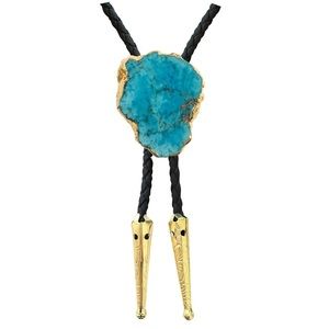 Blue Turquoise Gold Trim Bolo Tie with Black Braided Vegan Leather Cord